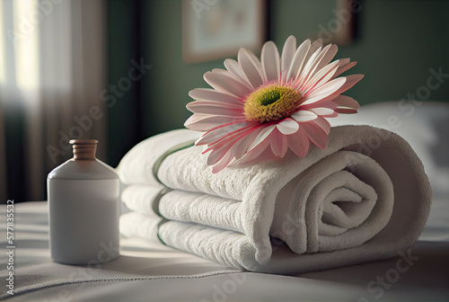 Fresh towels on bed with flower on top in hotel room created with AI 