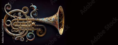 Music trumpet fictional instrument air decorated, horizontal banner black background with copy space for jazz music concert. Generative AI