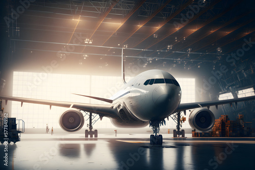Big passenger aircraft on maintenace in airport hangar. Neural network AI generated art