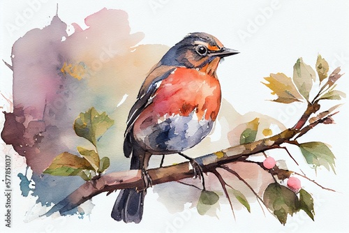 A bird perched on a branch, watercolour style generative AI