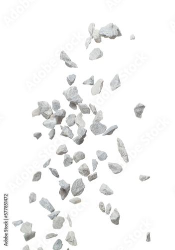Rock gravel fall down pouring, gray stone pebbles rock explode abstract cloud fly. Construction rock stone splash in air, object design. White background isolated freeze shot, selective focus blur