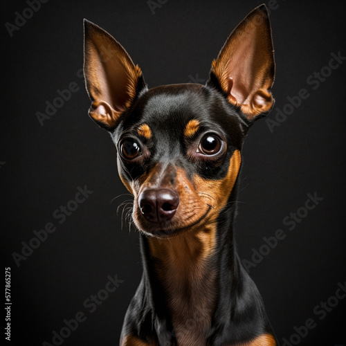 Studio shot with adorable miniature pinscher dog portrait with the curiosity and innocent look as concept of modern happy domestic pet in ravishing hyper realistic detail by Generative AI.