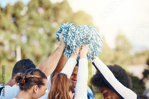 Cheerleaders, sports motivation or people in huddle with support, hope or faith on field in game together. Team spirit, fitness or group of cheerleading young athlete with pride, goals or solidarity