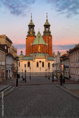 Historical road leading towards Gniezno Royal Cathedral on a sunset.