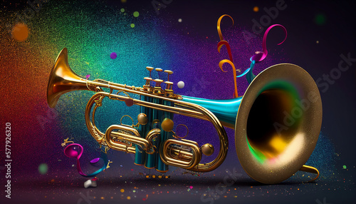 Colorful carnival background with realistic trumpets, Generative AI