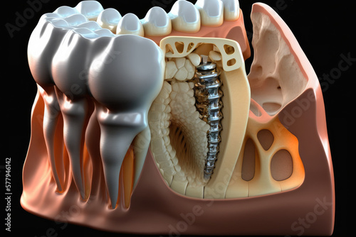 Concept for dental prosthesis. demonstrating the placement of a dental implant on a close up model of teeth's anatomy, generative AI