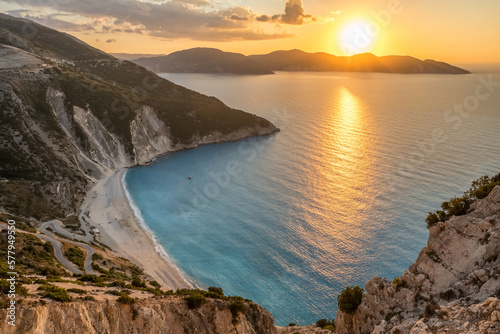 Sunset view of the famous Myrtos beach on Kefalonia island, Ionian sea, Greece.