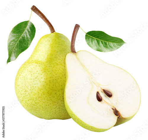 Green yellow pear fruit with pear half and green leaves isolated on transparent background. Full depth of field.