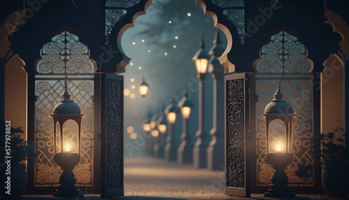 Islamic ramadan greetings background design with ornamental door galaxy sky