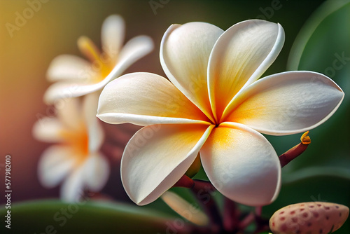 White and yellow plumeria flowers on a tree, AI Generated