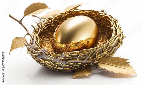  a golden egg in a nest with leaves on a white background with a white background and a gold egg in a nest with leaves on a white background with a white background. generative ai