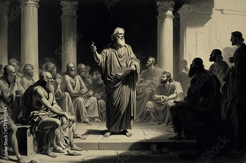 Socrates standing in front of a group of judges and citizens in the agora, as described by Plato. Socrates has a composed and wise expression. generative ai