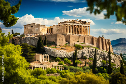 This photorealistic image showcases the grandeur of Athens' ancient Acropolis, with the iconic Parthenon temple standing tall at its summit. generative ai
