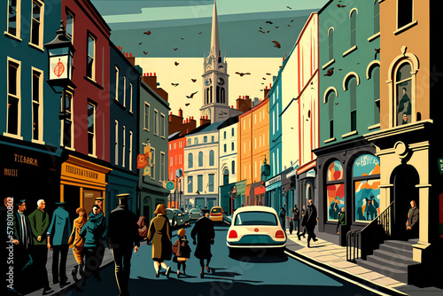 A vibrant illustration capturing the unique history and culture of Dublin, featuring iconic landmarks and bustling streets. generative ai