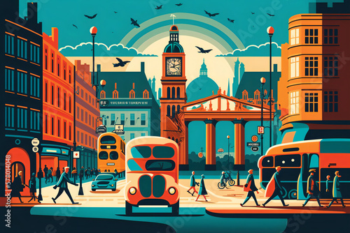 A colorful and energetic illustration of London's iconic landmarks and bustling streets, capturing the city's unique history, culture, and diverse array of people. generative ai