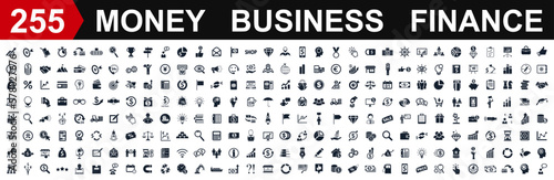 Set of 255 business icons. Money, Business and Finance web icons isolated. Money, contact, bank, check, auction, exchange, payment, wallet, deposit, piggy, calculator, coin and many more - vector