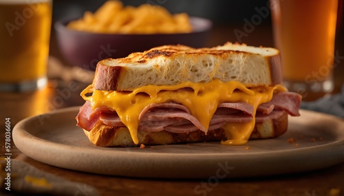  a ham and cheese sandwich on a plate next to a glass of beer and a bowl of macaroni and cheese on a table. generative ai