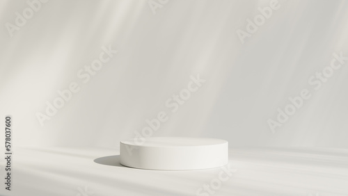 Abstract white room with realistic white cylinder pedestal podium set and leaf shadow overlay. Minimal scene for product display presentation. geometric platform stage for showcase.