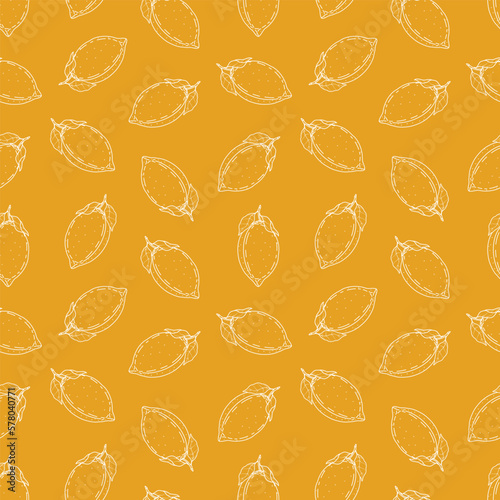 Seamless vector pattern with cute hand drawn lemons. Line objects. Vintage citrus illustration. Seasonal fruity background for wrapping paper, packaging, gift, fabric, wallpaper, textile, apparel.