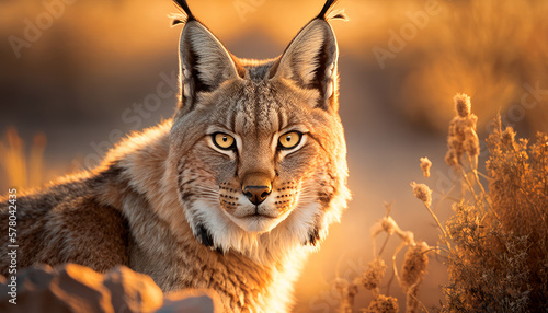 Lynx wildlife portrait backlit golden hour, AI generative