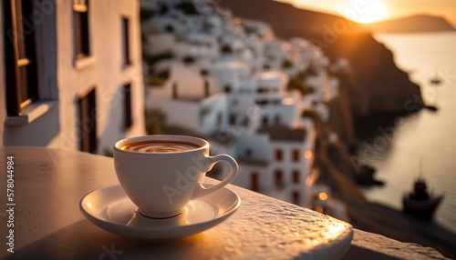 Cup of coffee on blurred background of picturesque Greek village. Romantic view. Based on Generative AI