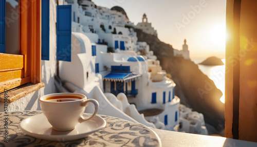 Cup of tea on blurred background of picturesque Greek village. Romantic evening view. Based on Generative AI