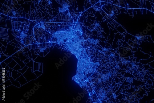 Street map of Thessaloniki (Greece) made with blue illumination and glow effect. Top view on roads network
