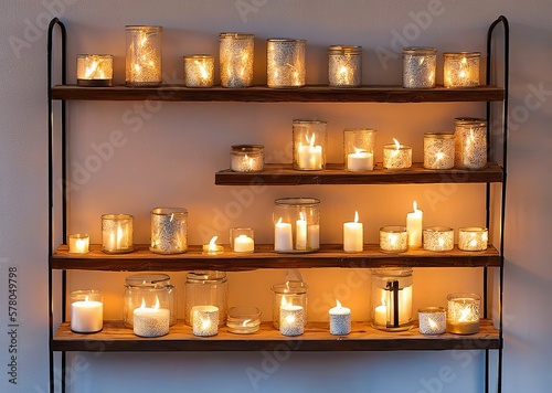 christmas composition with candles and burning candle on wooden background