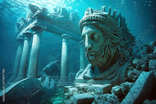 Ancient city ruins underwater, old statues on sea ground, generative AI.