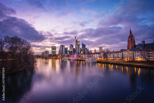 Beautiful Frankfurt skyline with purple light - Frankfurt, Germany