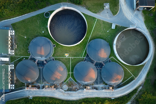  Vertical view of the process components, fermenters and biogas storage tanks of the agricultural biogas plant. Use of biogas in cogeneration units for electricity and heat production.