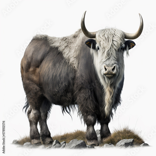 Tibetan yak isolated on white closeup, beautiful artiodactyl animal with big horns 