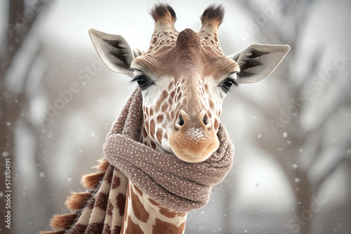 Giraffe mit Schal um den Hals und Erkältung im Schnee und Winter
