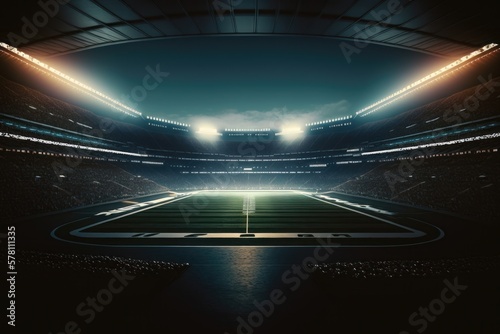 Dramatic professional football arena with green grass and rays of light. AI Generation