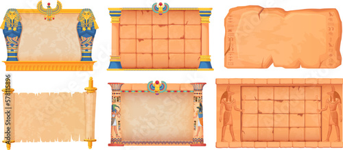 Egyptian game frames. Egypt ancient old brick wall of temple with columns or temple-pillar, medieval tomb history relief on walls for frame interface, ingenious vector illustration