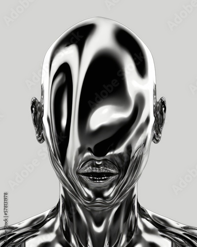 chrome head, no face, flowing skin