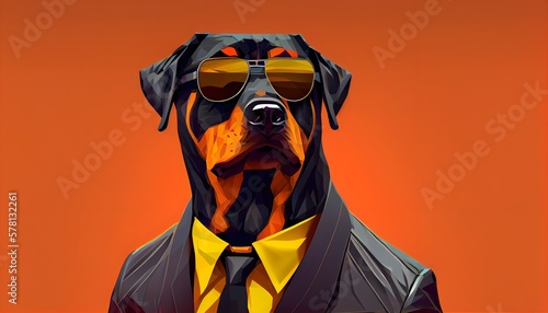 Fashion rottweiler in color suit with sunglasses on a solid color background, vector art, digital art, faceted, minimal, abstract, geometric. Generative AI.