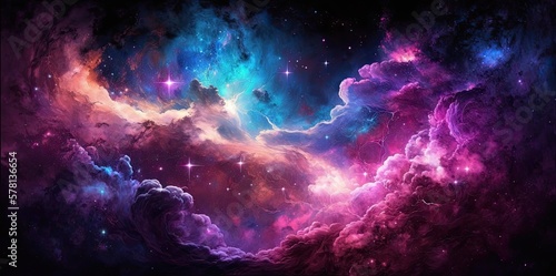 Universe, galaxy, space background. Nebula, planets, starts, suns, and planets colorful wallpaper. Science, astronomy telescope view.