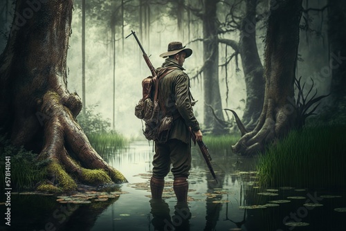 Hunter standing in swamp in forest and holding in his hand an old hunting rifle, concept of Camouflage and Wildlife, created with Generative AI technology