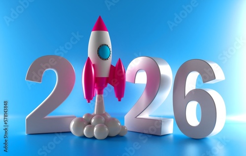 3D Text 2026 year rocket launch. 3D Rendering. New Year, christmas. Successful business startup. Creative motivation with copy space. 