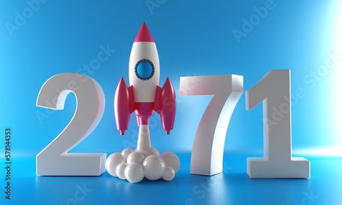 3D Text 2071 year rocket launch. 3D Rendering. New Year, christmas. Successful business startup. Creative motivation with copy space. 