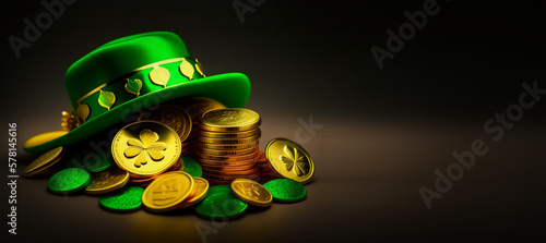  Banner with bright green hat, gold coins and clover leaves. on green background and wooden texture Saint Patrick's Day concept. Generative AI Illustration