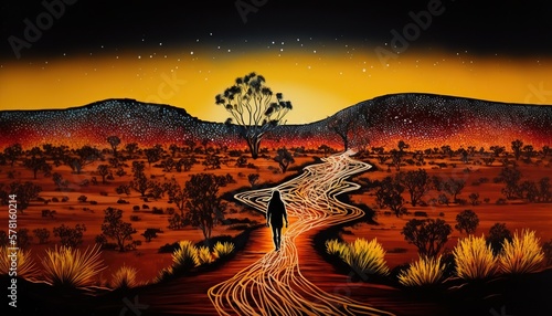 Australian aboriginal man following songlines over hills and dry red desert landscape, walking routes that crossed the country linking important sites and locations, Generative AI