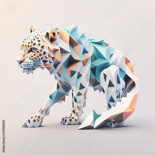White background, hyper sharp 3D leopard, paper origami, pastel colours