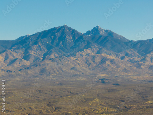 Mount Hopkins (left) and Mount Wrightson (right) on Santa Rita Mountains in Santa Cruz County in Arizona AZ, USA. Fred Lawrence Whipple Observatory is on top of Mount Hopkins. 