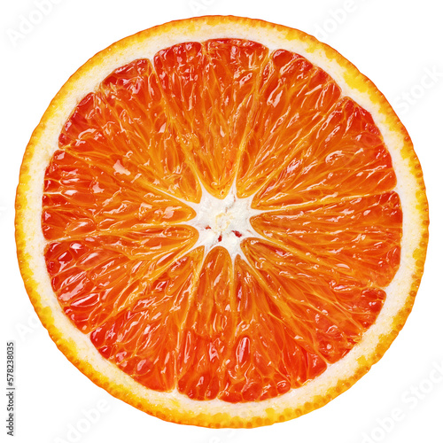 Top view of ripe slice blood red orange citrus fruit isolated on transparent background