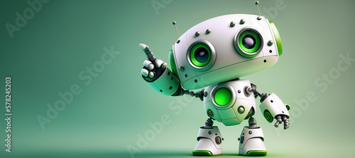 cute mini robot pointing fingers at copy space on green background. Generative AI