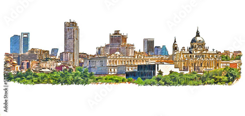 Madrid, Spain downtown skyline, color sketch illustration isolated on white background.