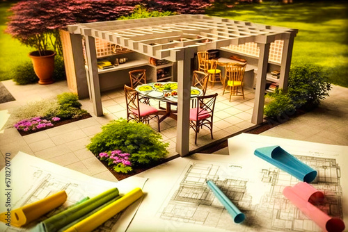 Esquisse 3d pour un projet d'aménagement de pergola dans un jardin d'agrément - Dessin de paysagiste avec aménagement terrasse et jardin - Générative IA