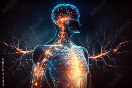 Human body with glowing neurons visualization. Generative AI illustration